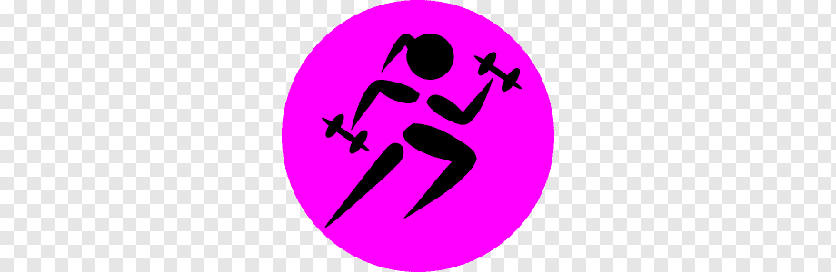 Black silhouette of a person doing dumbbell exercises inside a bright pink circle.