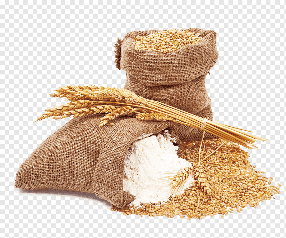 Burlap sacks filled with wheat grains and flour, with golden wheat stalks tied in front.