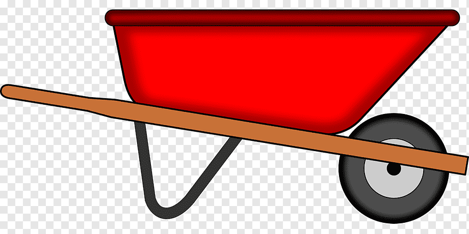 Red wheelbarrow with wooden handle and black wheel on transparent background.