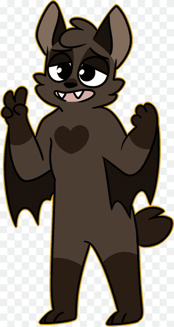 A cartoon brown bat-like creature with large eyes, fangs, and a heart on its chest, waving both hands cheerfully.