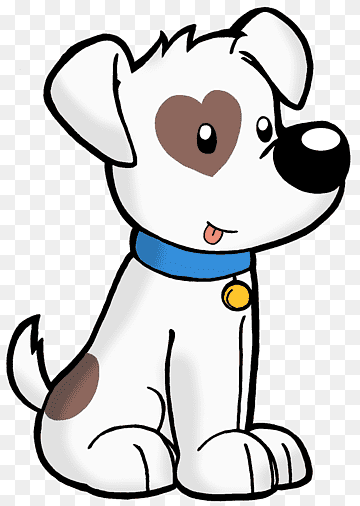 Cute cartoon white puppy with brown heart-shaped eye patch, blue collar, and yellow tag, sitting cheerfully.