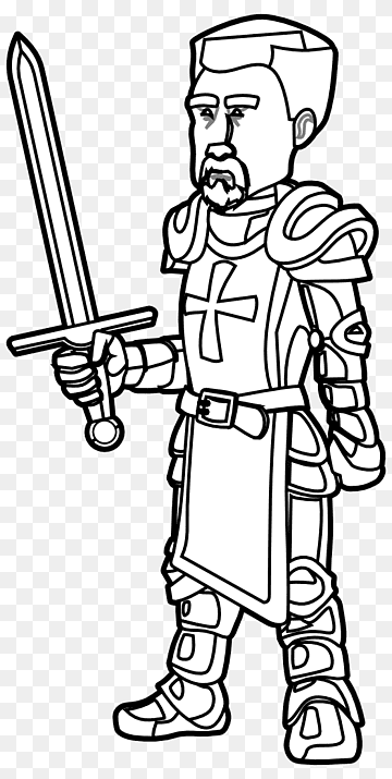 Medieval knight in armor holding a sword, wearing a cross-emblazoned surcoat, stylized line drawing for coloring or illustration.