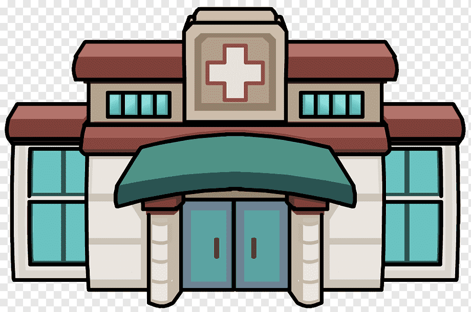 Cartoon-style hospital building with red cross emblem, teal windows, and arched entrance canopy.