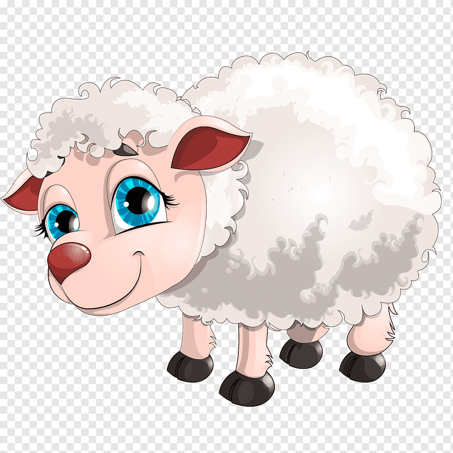 Cute cartoon sheep with big blue eyes, fluffy white wool, pink face, and red ears standing on transparent background.