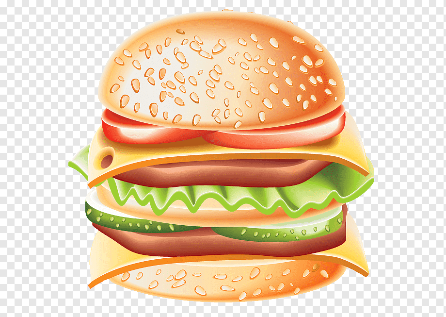 Juicy double cheeseburger with sesame seed buns, lettuce, tomato, pickles, and melted cheese on transparent background.