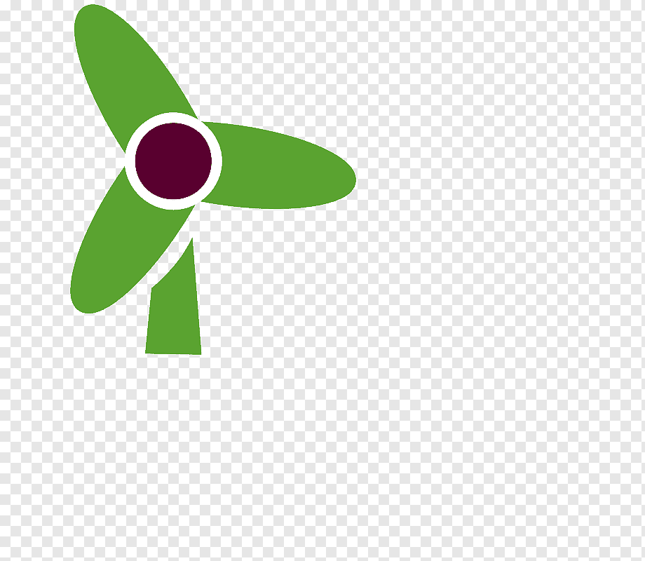 Green three-blade wind turbine icon with maroon center on transparent background.