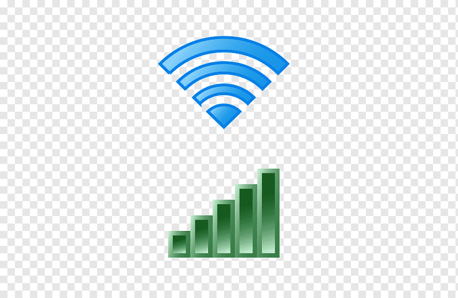 Blue Wi-Fi signal icon above green ascending signal strength bars on transparent background.