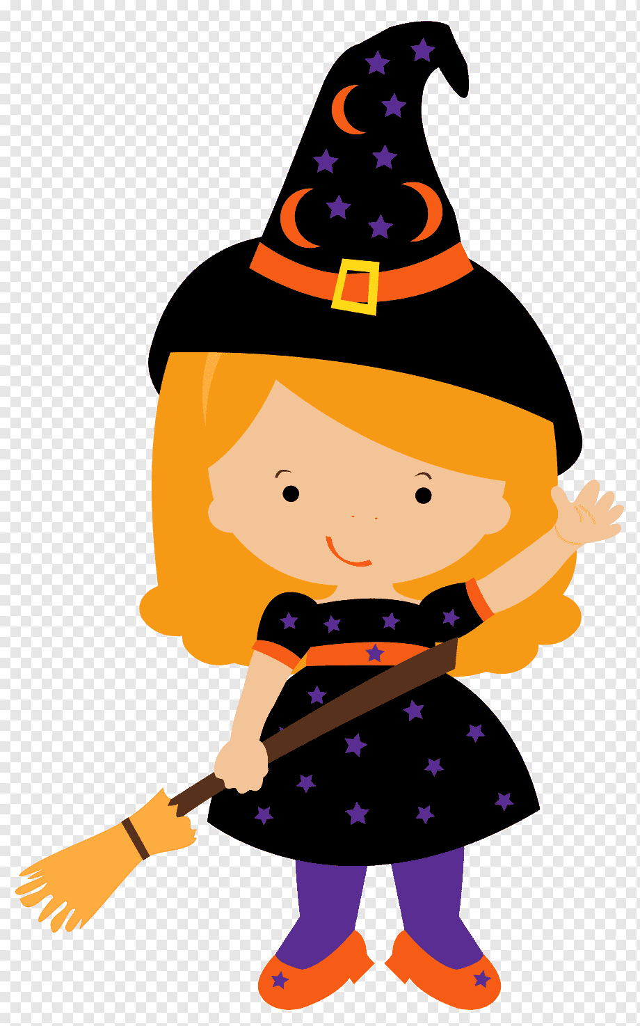 Cheerful cartoon witch girl with orange hair, black starry dress, pointed hat, and broomstick waving hello.