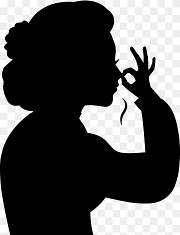 Silhouette of a woman in profile making an "OK" gesture near her nose, with a wisp of scent rising.