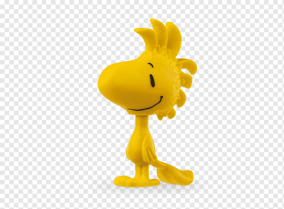 Yellow Woodstock figurine from Peanuts, smiling with spiky feathers and cheerful pose on transparent background.