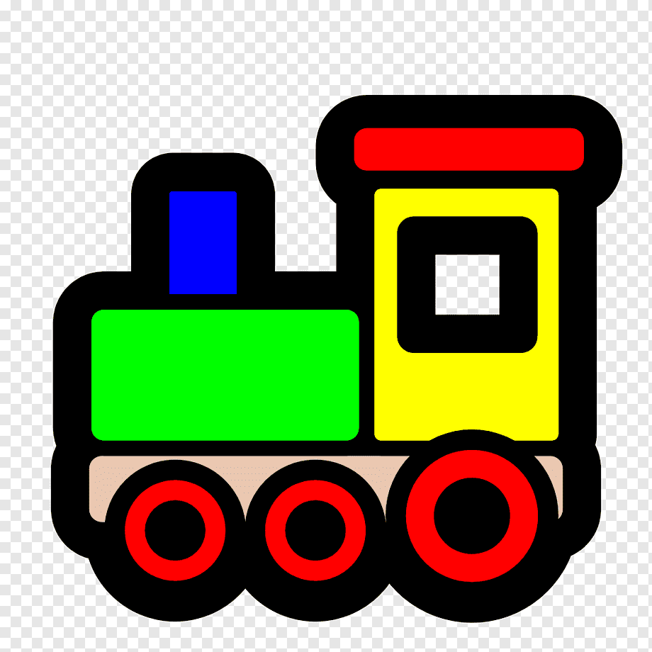 Colorful cartoon train with green engine, yellow cab, blue smokestack, and red wheels on transparent background.