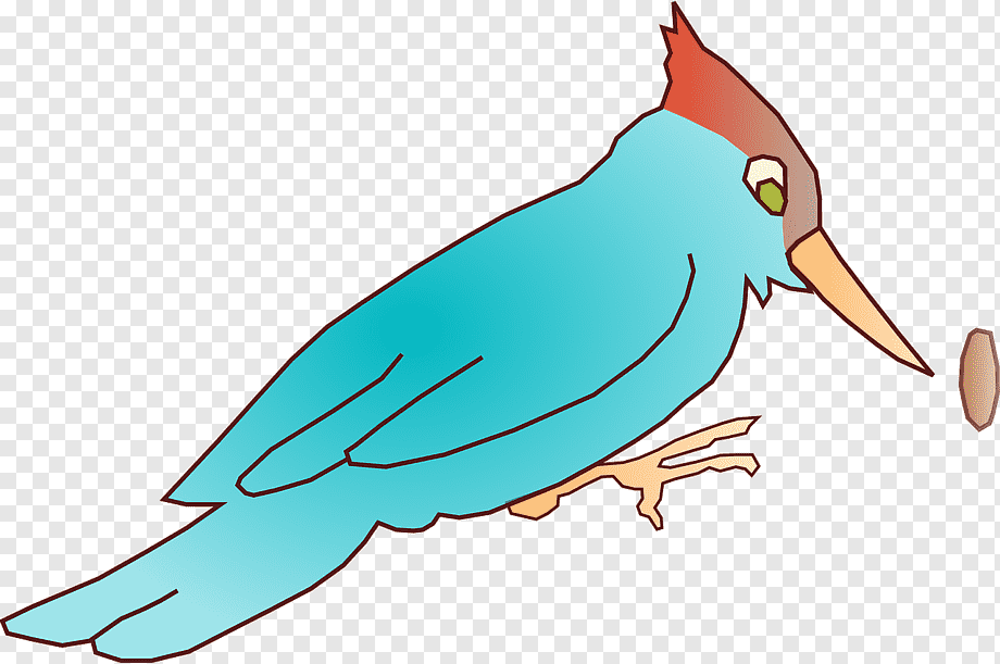 Stylized blue bird with red crest and orange beak, perched and eyeing a seed.