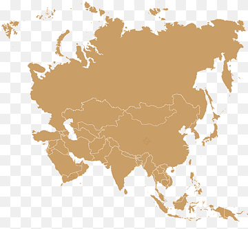 Simplified brown silhouette map of Asia with country borders on transparent background.