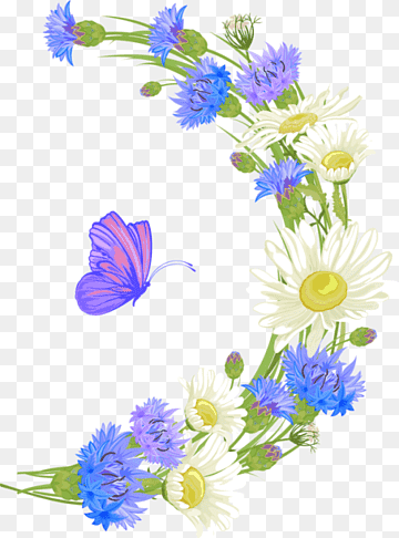 Purple butterfly flutters near a curved arrangement of cornflowers and daisies on transparent background.