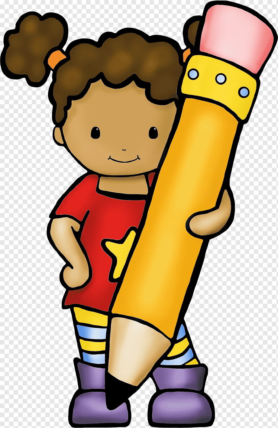 Smiling cartoon girl with curly brown pigtails holding a giant yellow pencil, wearing red shirt with star and striped socks.