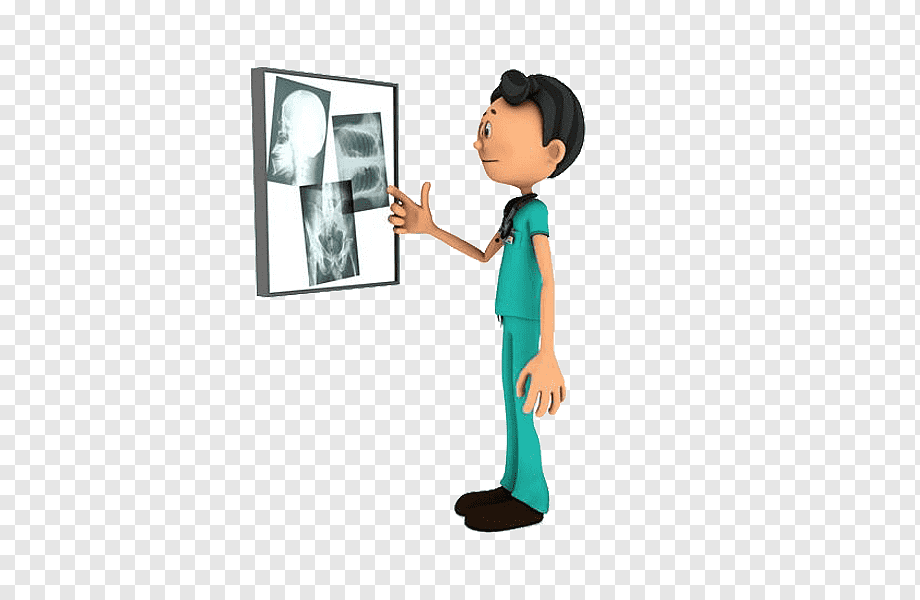 Cartoon doctor in teal scrubs pointing at X-ray images on a lightbox.