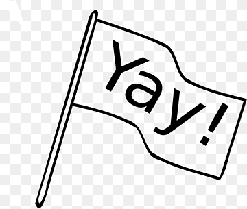 A hand-drawn waving flag with the word "Yay!" in bold black letters on a transparent background.