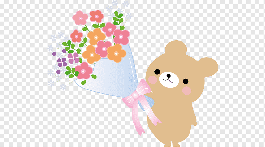 Cute tan bear holding a colorful flower bouquet wrapped in blue paper with pink ribbon.