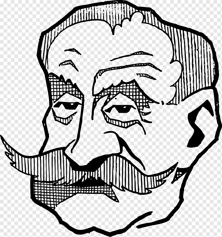 Black-and-white line drawing of a stern elderly man with prominent mustache, deep-set eyes, and lined face, in expressive caricature style.