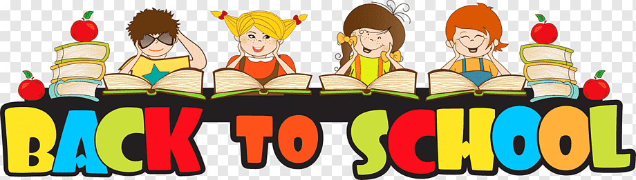 Four smiling cartoon children reading books with apples and stacks of books, under colorful "BACK TO SCHOOL" text.