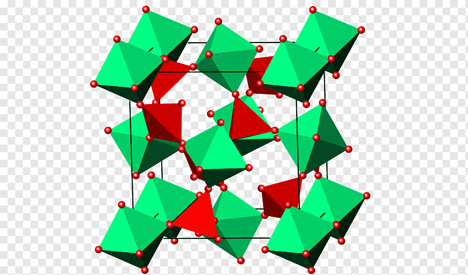 3D crystal lattice showing green tetrahedra and red octahedra connected by red spheres, representing a mixed-metal oxide structure.