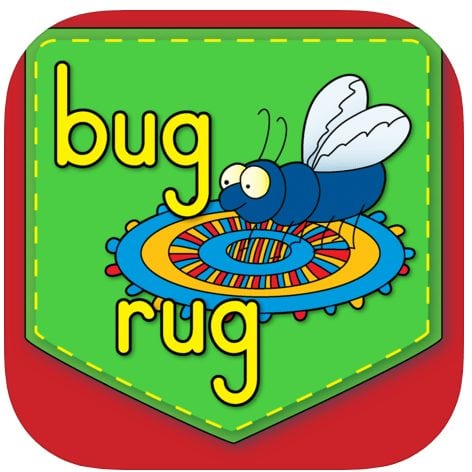 Cartoon blue bug with white wings standing on a colorful circular rug, with the words "bug rug" in yellow lettering on green background.