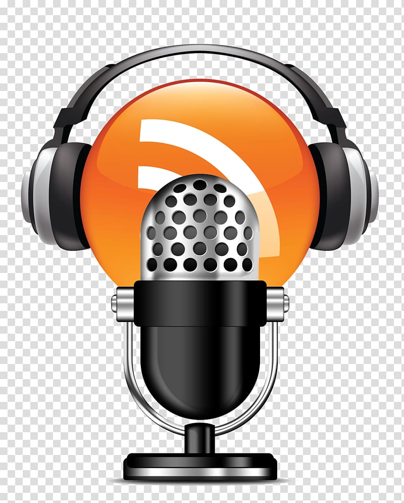 Podcast microphone with headphones and orange RSS feed icon in background