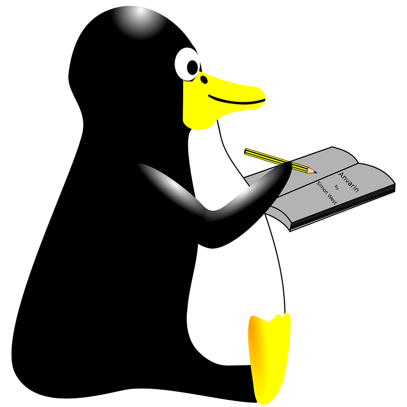 A cartoon penguin holding a pencil and writing in a notebook titled "Anvarin by Simon West".