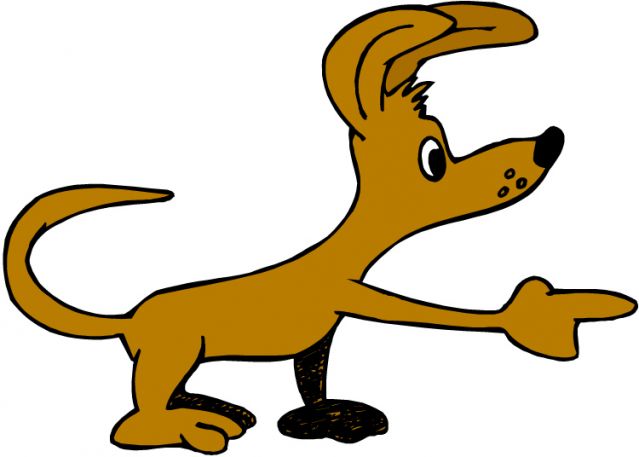 Brown cartoon dog standing on hind legs, pointing forward with front paw, expressive eyes and floppy ears.