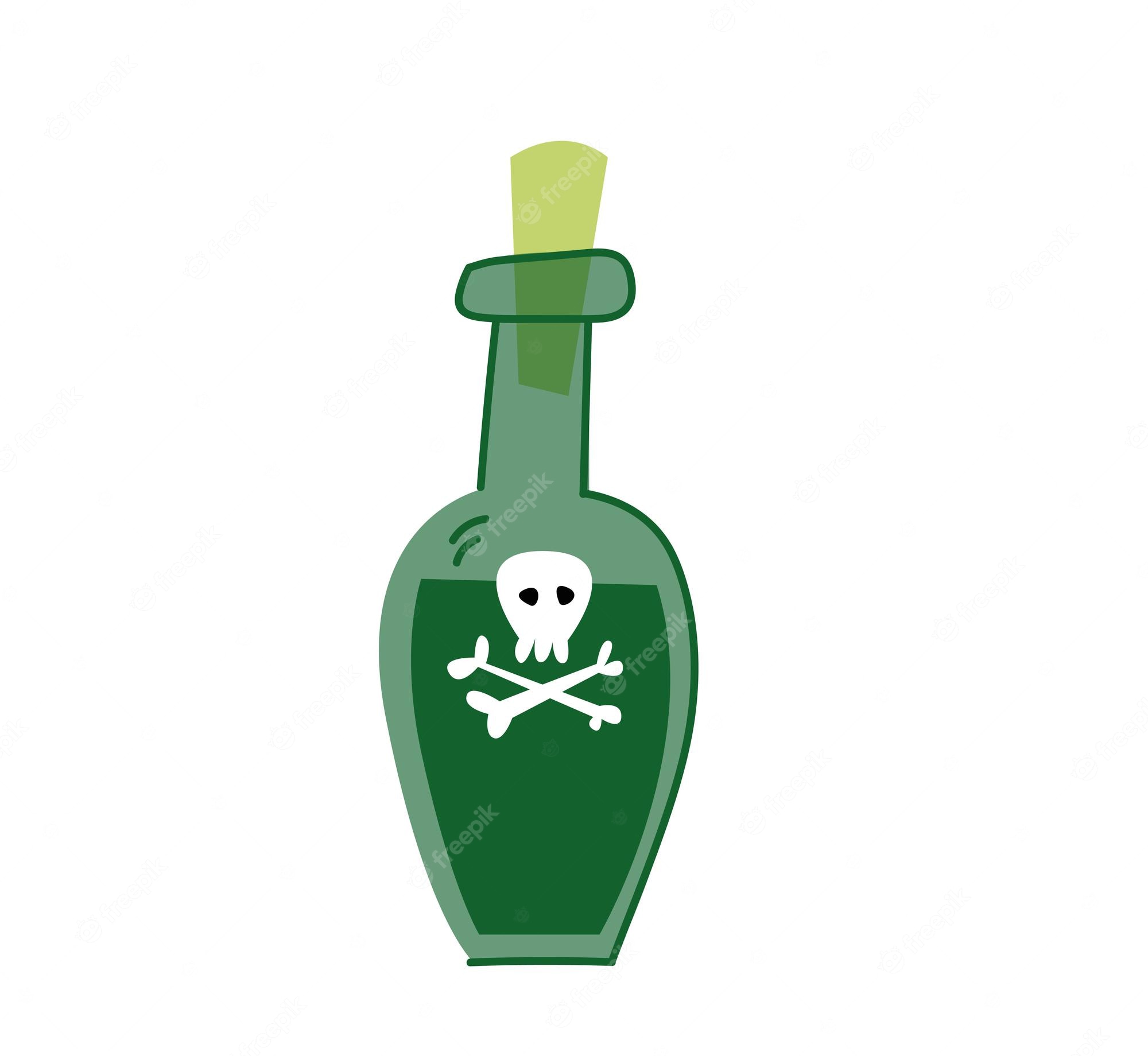 Green poison bottle with skull and crossbones label and cork stopper.