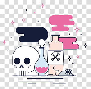 Stylized illustration of a skull, poison bottles with skull-and-crossbones, and colorful smoke clouds on transparent background.