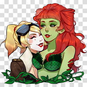 Harley Quinn and Poison Ivy in a playful, affectionate pose surrounded by vines and foliage.