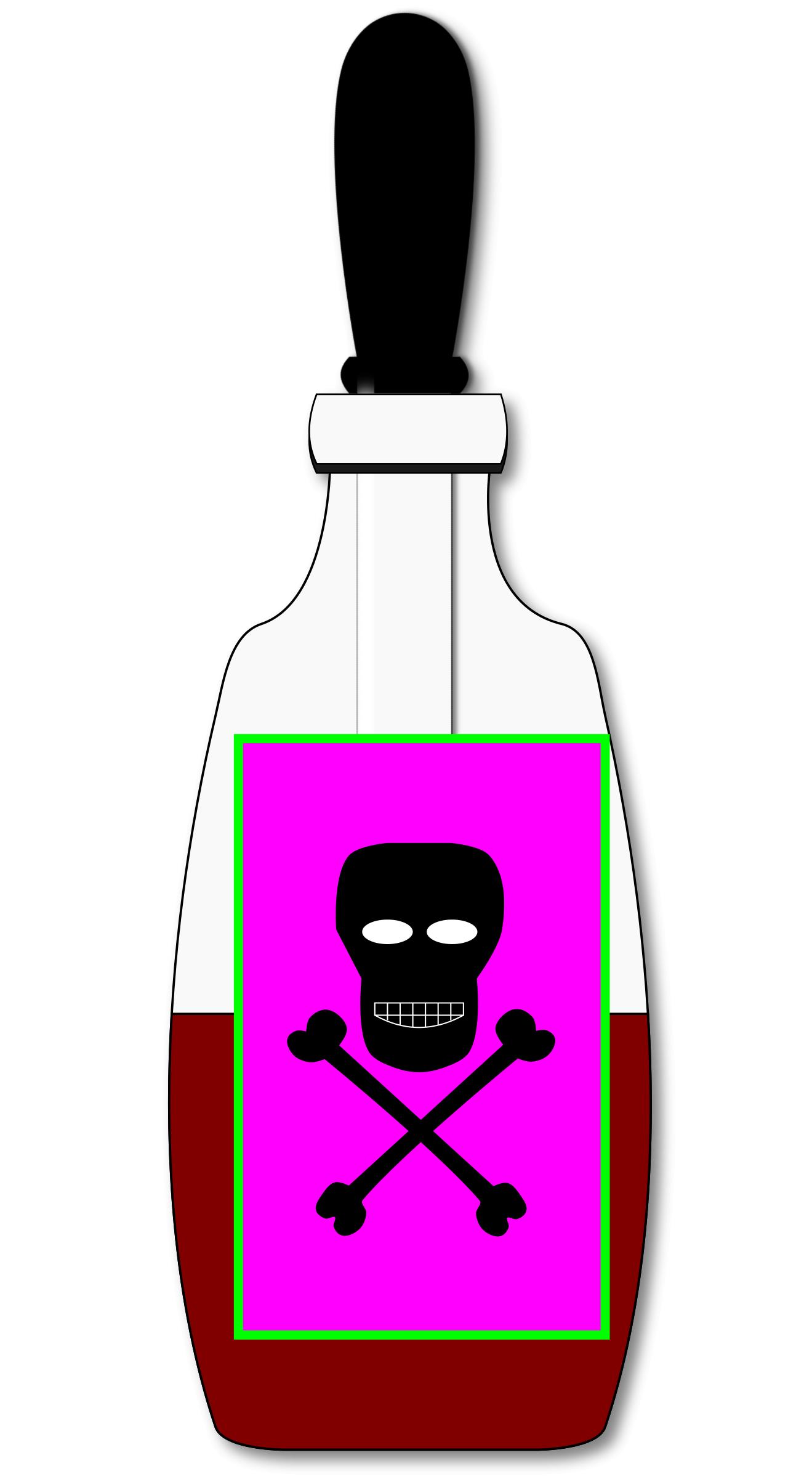 A glass bottle with a dropper cap, filled with red liquid and labeled with a pink skull-and-crossbones warning sign.