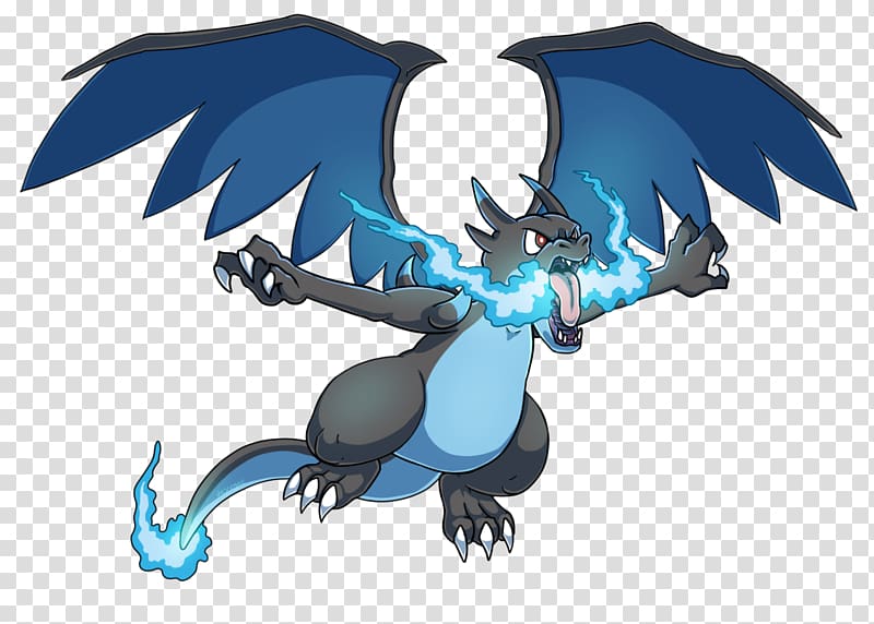 Blue Mega Charizard X unleashing a powerful ice-type energy blast with glowing blue aura and outstretched wings.