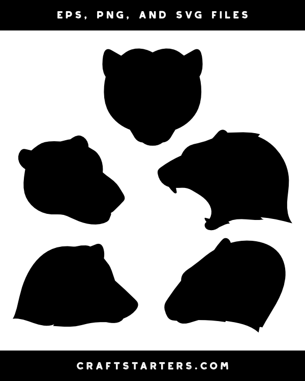 Five black animal head silhouettes including bear, lion, and wolf in vector format for crafts and design projects.