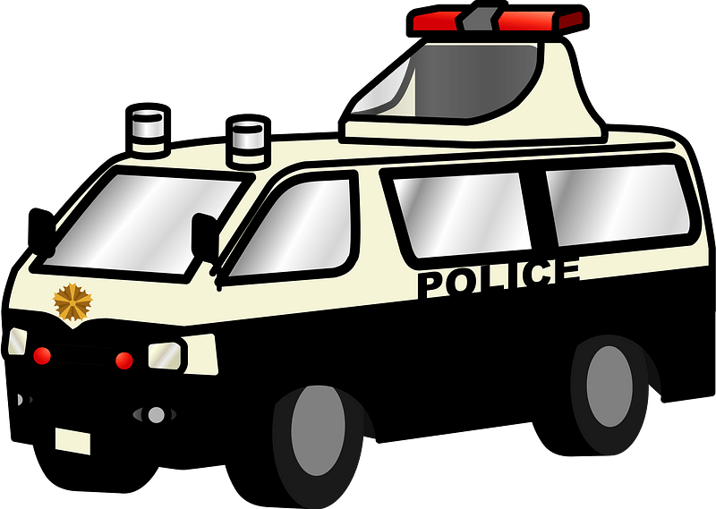 Cartoon-style police van with red lights, "POLICE" text, and gold badge on front grille.