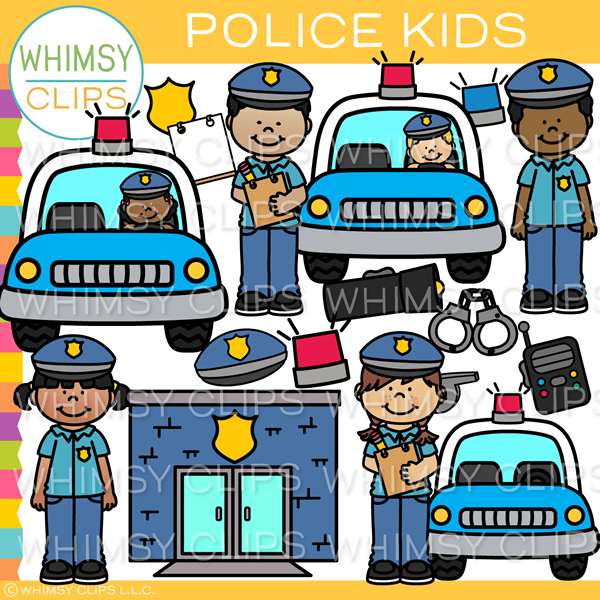 Whimsical cartoon police kids in uniforms with patrol cars, badges, handcuffs, and a station-educational clip art for children.