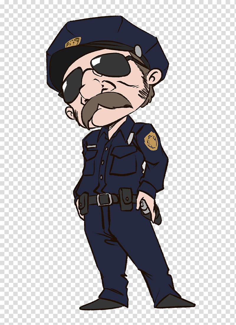 Cartoon police officer with eyepatch, mustache, and uniform, standing confidently with hand on hip.