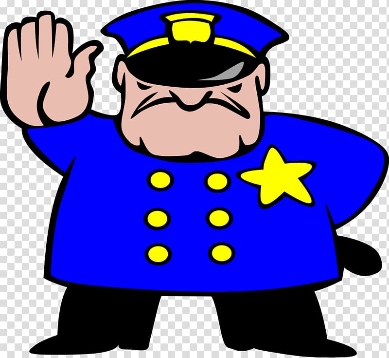 Cartoon police officer in blue uniform with yellow star, stern expression, hand raised to stop.