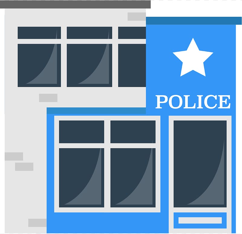 Blue police station building with white star and "POLICE" signage, flat vector illustration.