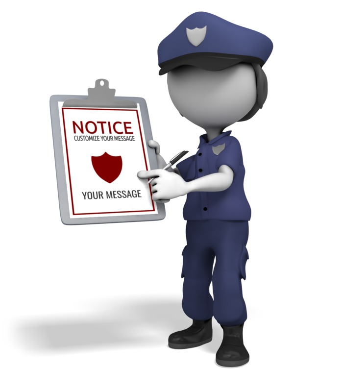 3D police officer holding clipboard with customizable notice template and red shield icon.