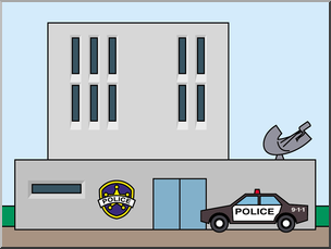 Cartoon-style police station with patrol car, badge emblem, and satellite dish on roof.