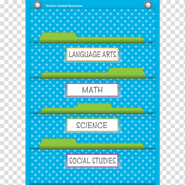 Blue polka-dot hanging file organizer with labeled green folders for Language Arts, Math, Science, and Social Studies.