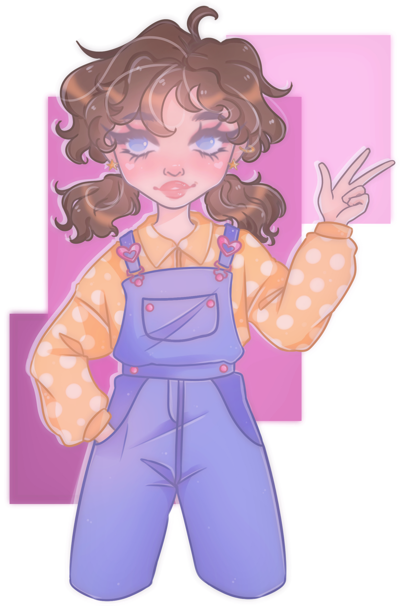 Chibi-style girl with curly brown hair, blue eyes, wearing polka-dot shirt and purple overalls, making a peace sign against pink background.