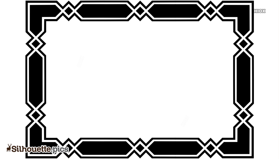 Black and white geometric border frame with interlocking diamond patterns and corner motifs.