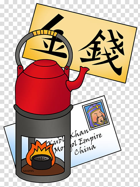 Red kettle over flame with Chinese characters for "money" and Mongol Empire stamp illustration.