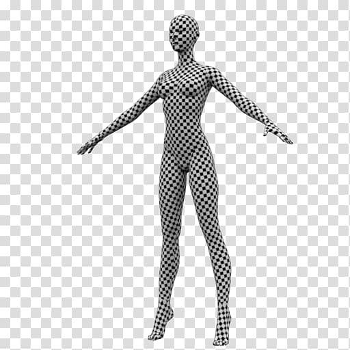 3D human figure model with black-and-white checkerboard texture, arms outstretched, on transparent background.