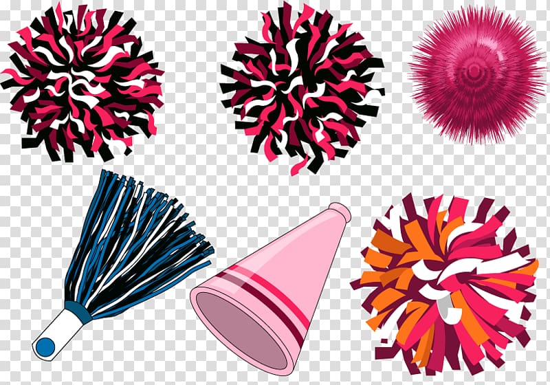 Six colorful cheerleading items including pom-poms, a megaphone, and streamers on transparent background.