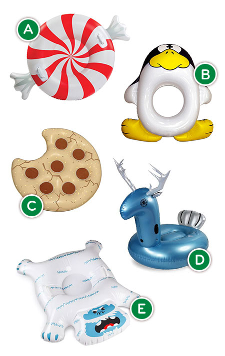 Five whimsical inflatable pool floats: candy, penguin, cookie, deer, and monster designs.