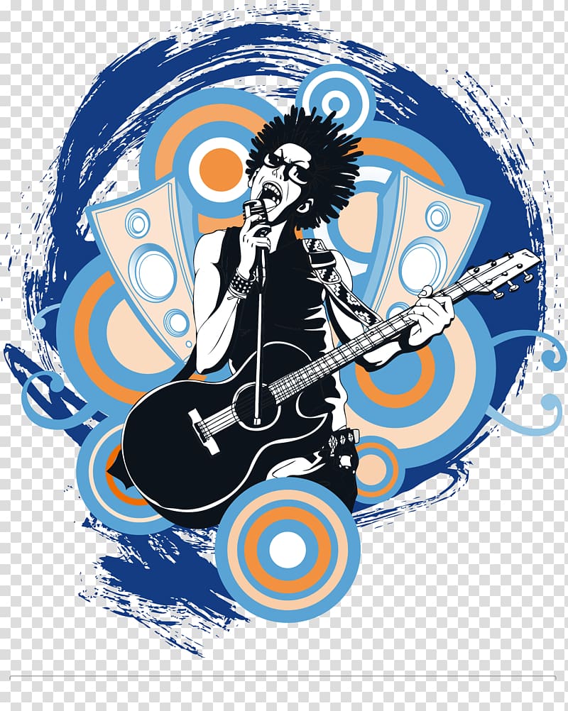 Punk rock musician with spiky hair singing into mic while playing acoustic guitar, surrounded by blue-orange swirls and speakers.